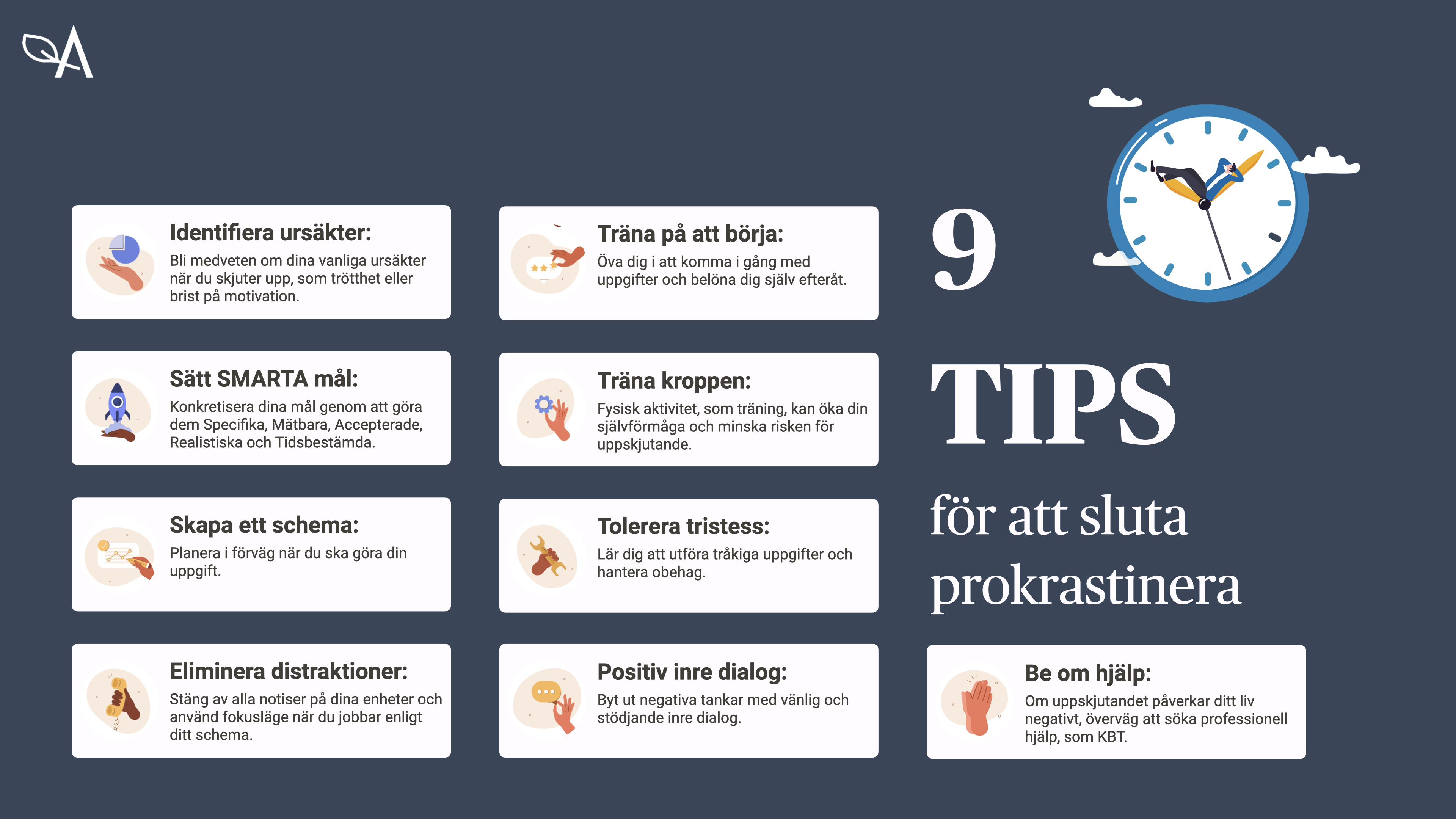 Bilden beskriver 9 tips för att sluta prokrastinera. Bland annat att göra ett schema, identifiera vanliga ursäkter och att träna på att börja. Alla tipsen finns i löptext längre ner på denna sida.